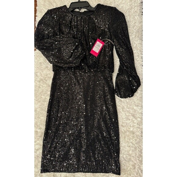 Vince Camuto dress sequined Black 3/4 Balloon Sleeve Crew Neck Sequin size 0 - Picture 10 of 15